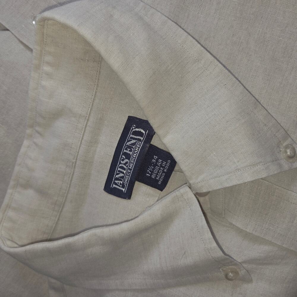 Vintage Lands End Linen Shirt Mens XL 17.5 Beige Coastal 100% Linen Long Sleeve